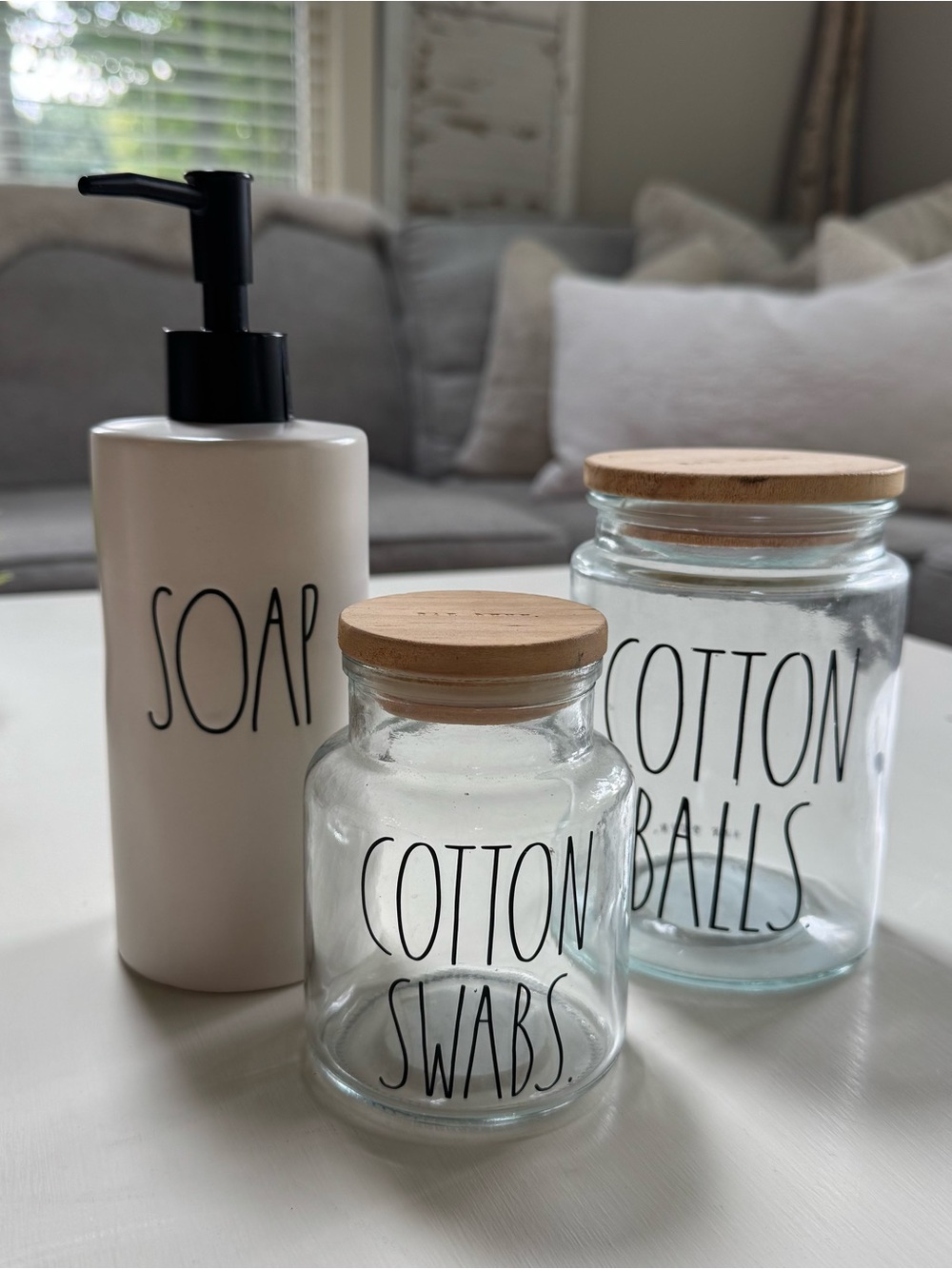 Rae Dunn White & Clear Glass Soap Dispenser and Cotton Jars